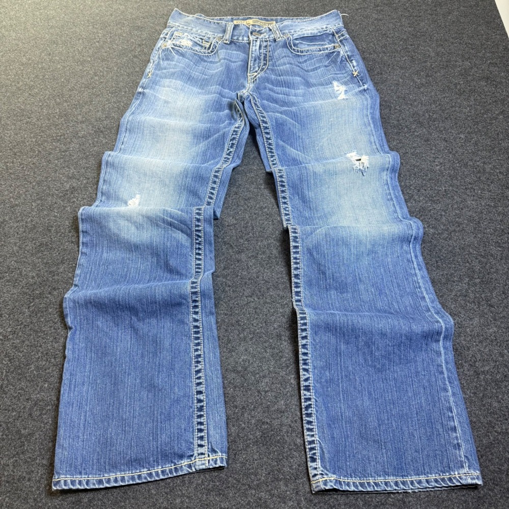 BKE Justin Jeans Mens 31 Blue Y2K Distressed Baggy Straight Leg stitch Denim